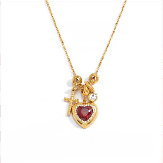 Gold Heart with Red Stone Necklace