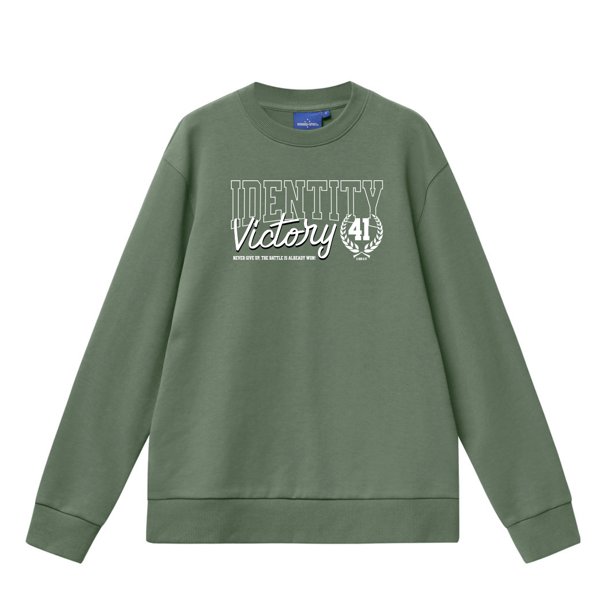 Green sweatshirt with text design on a white background