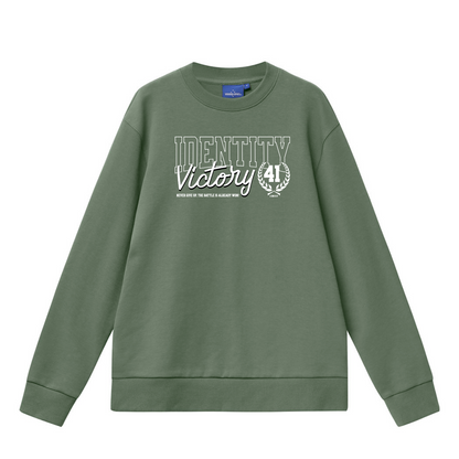 Green sweatshirt with text design on a white background