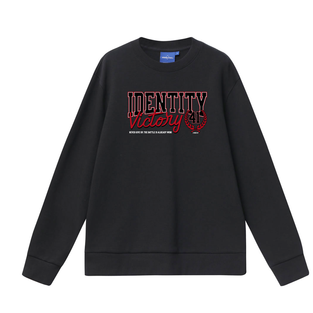 Black sweatshirt with red and white text on a white background