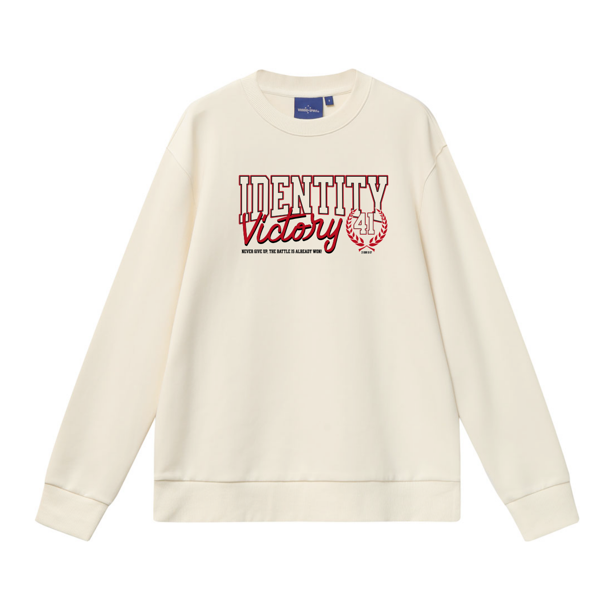 Beige sweatshirt with 'Identity Victory' text and logo on a white background